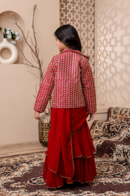 Girls Pre Drapped Saree And Choli With Embroidered Jacket