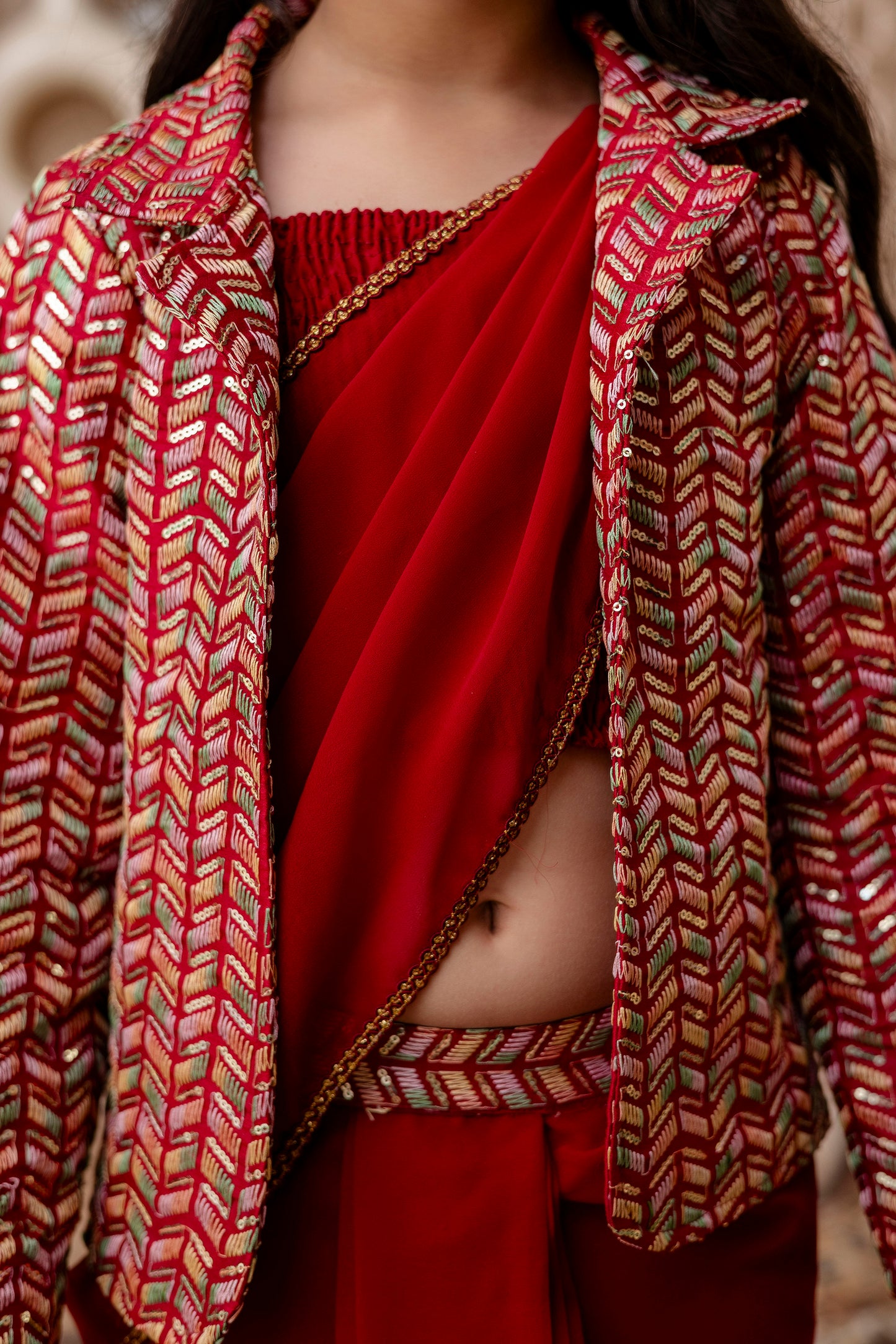 Girls Pre Drapped Saree And Choli With Embroidered Jacket