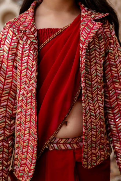 Girls Pre Drapped Saree And Choli With Embroidered Jacket