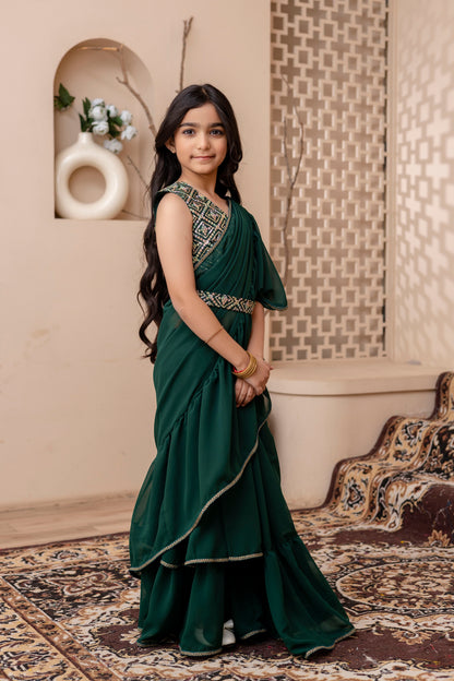 Kids Girls Stylish Pre-Draped Saree with Blouse