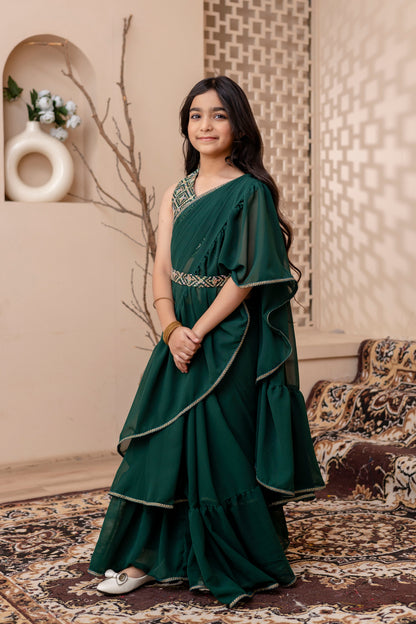 Kids Girls Stylish Pre-Draped Saree with Blouse
