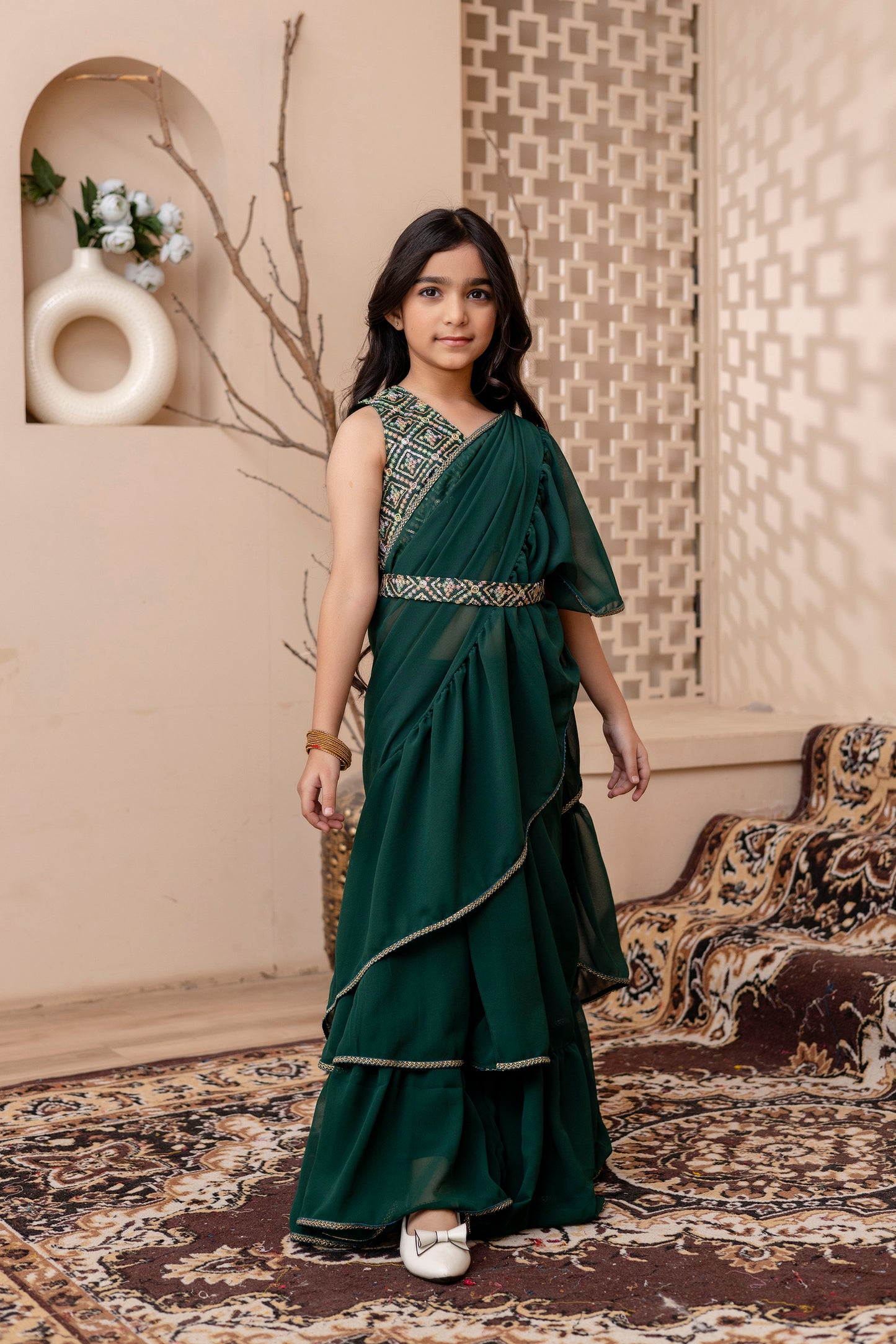 Kids Girls Stylish Pre-Draped Saree with Blouse