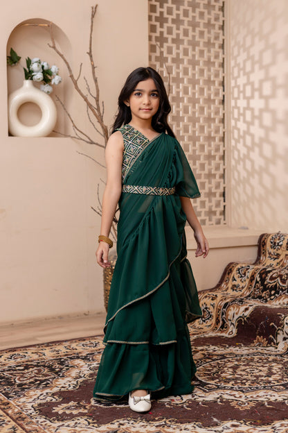 Kids Girls Stylish Pre-Draped Saree with Blouse