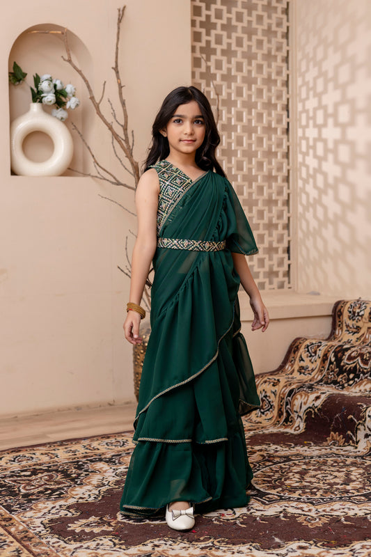 Kids Girls Stylish Pre-Draped Saree with Blouse