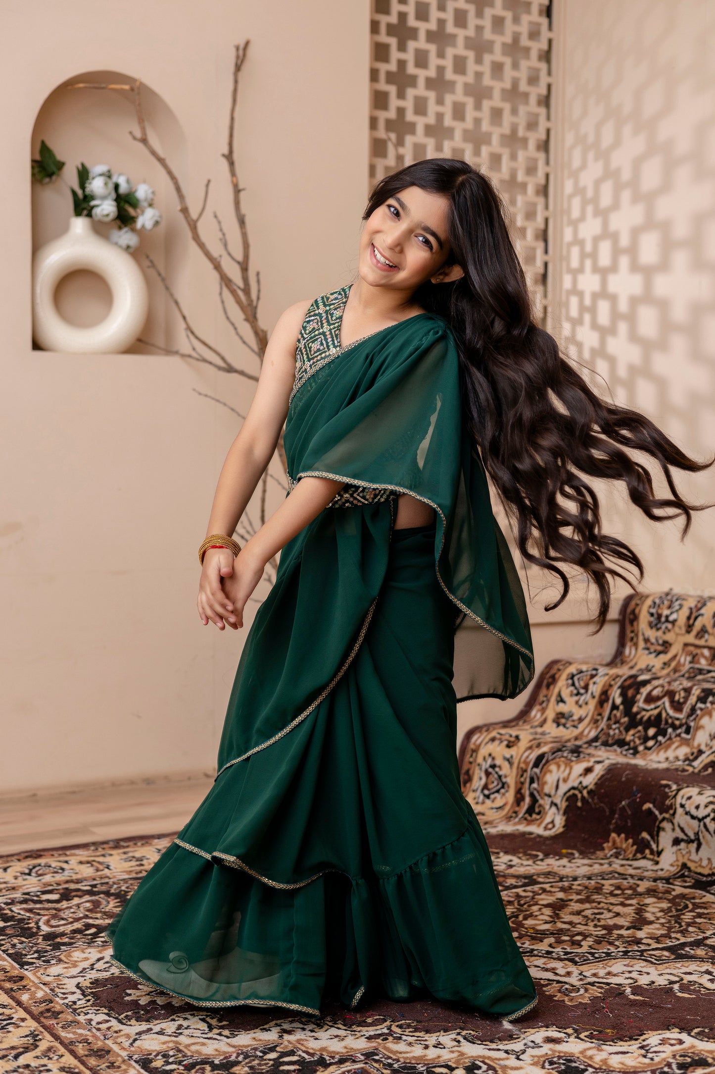 Kids Girls Stylish Pre-Draped Saree with Blouse