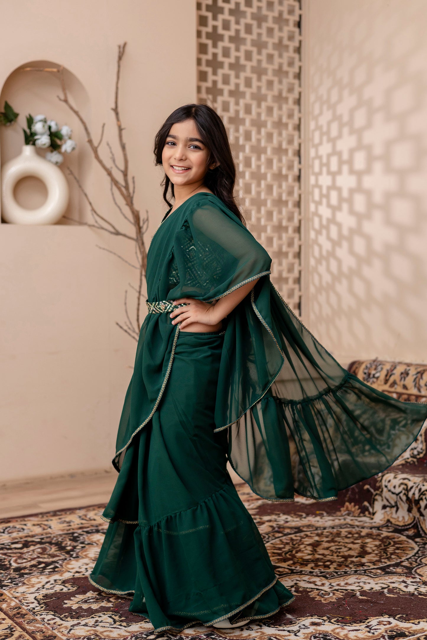 Kids Girls Stylish Pre-Draped Saree with Blouse