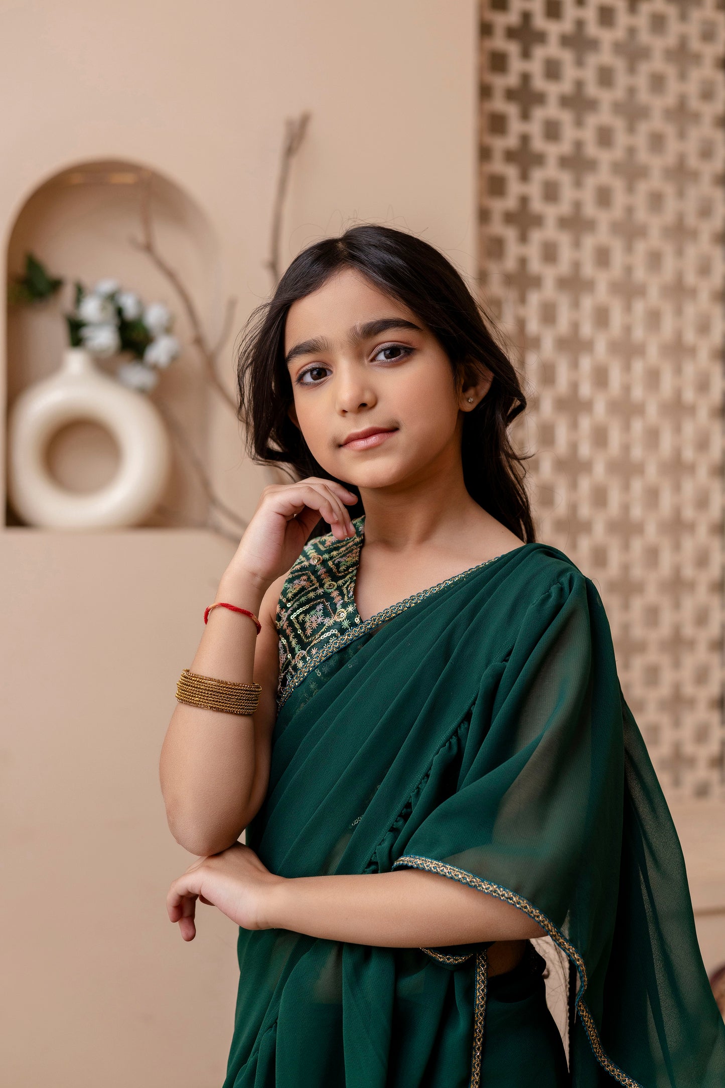 Kids Girls Stylish Pre-Draped Saree with Blouse