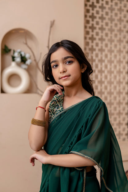 Kids Girls Stylish Pre-Draped Saree with Blouse