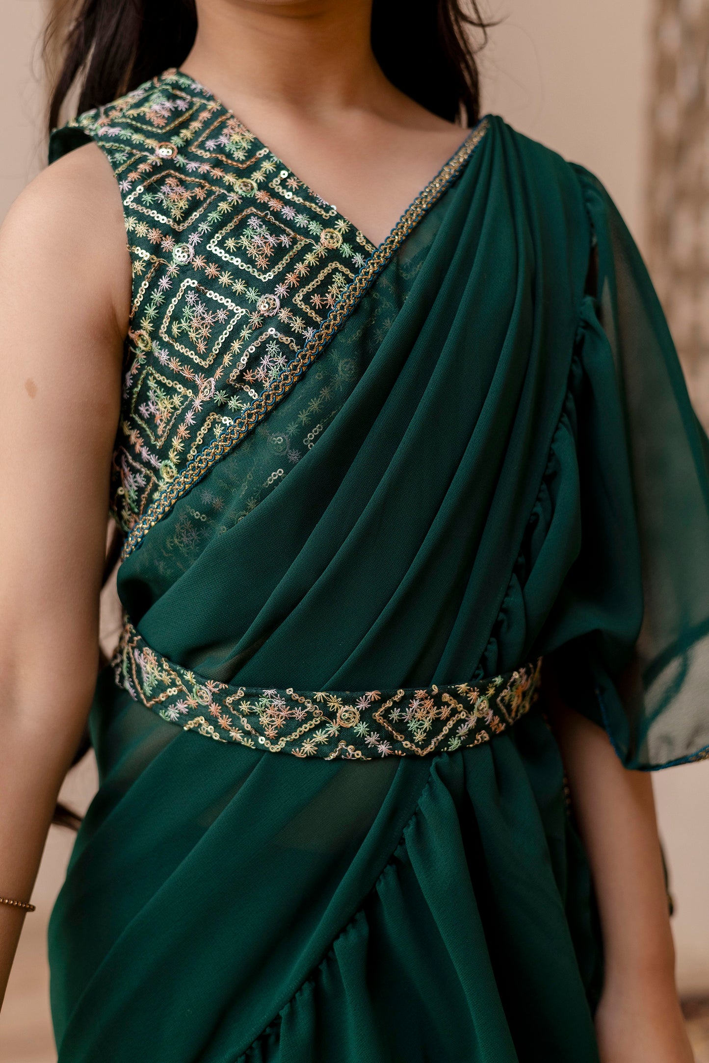 Kids Girls Stylish Pre-Draped Saree with Blouse