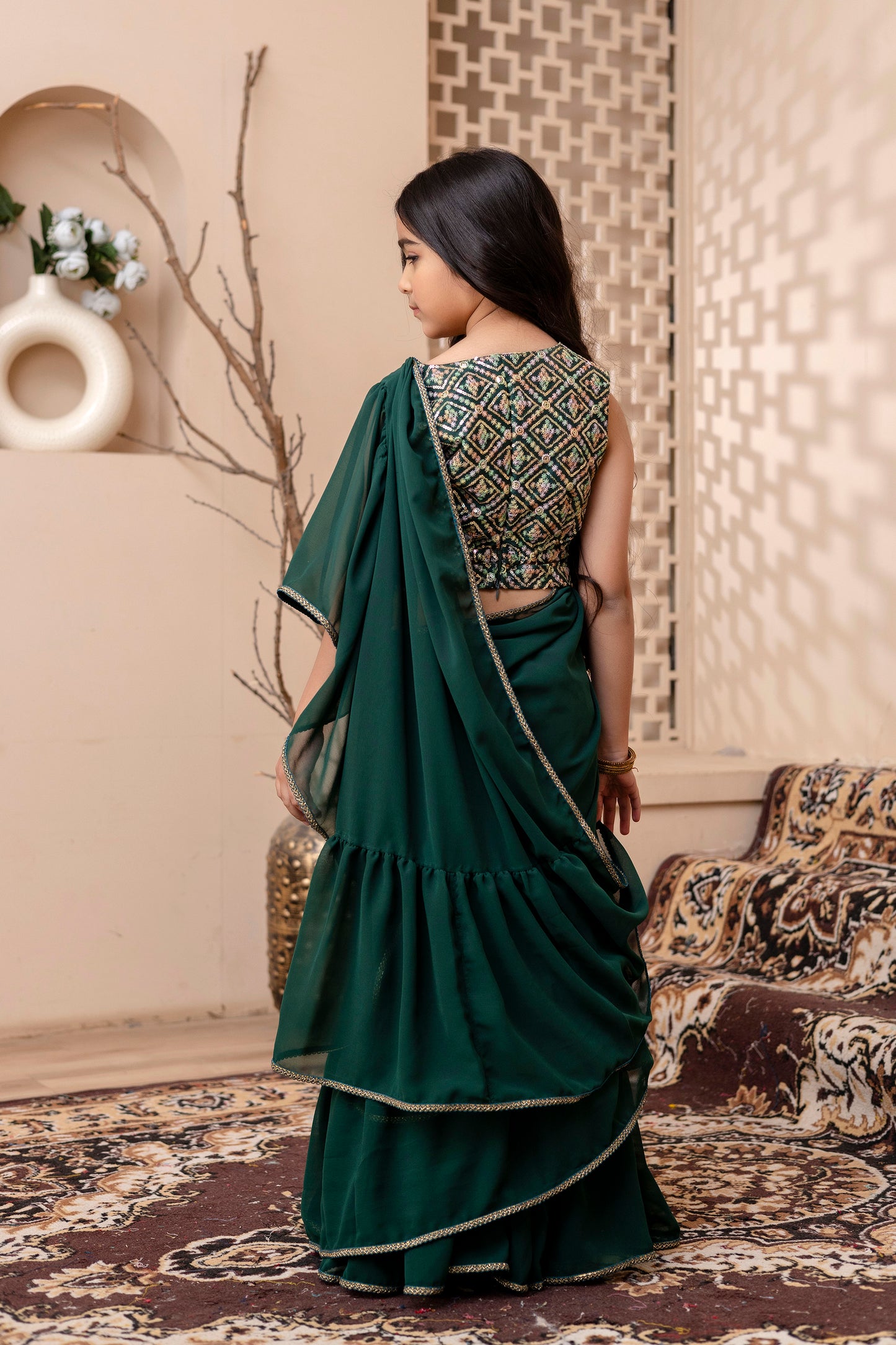 Kids Girls Stylish Pre-Draped Saree with Blouse