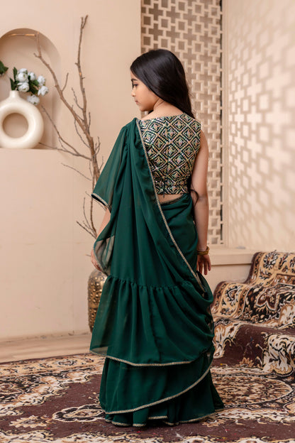 Kids Girls Stylish Pre-Draped Saree with Blouse