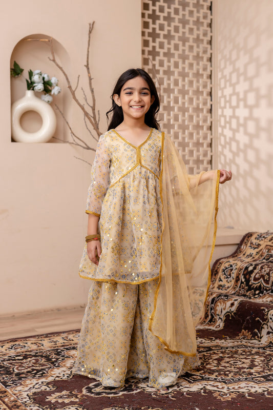 Girls Anarkali Kurta With Sharara and Dupatta