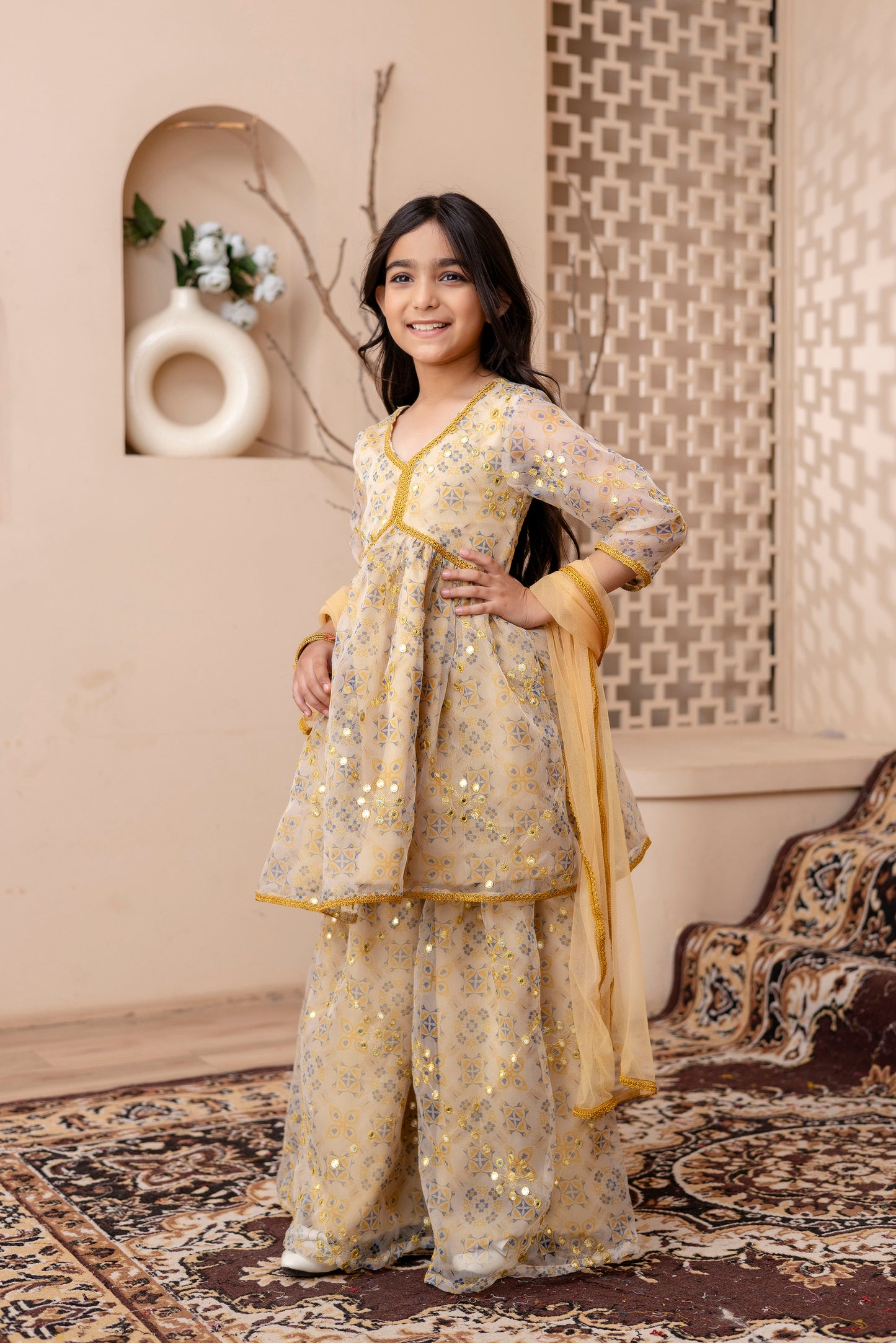 Girls Anarkali Kurta With Sharara and Dupatta