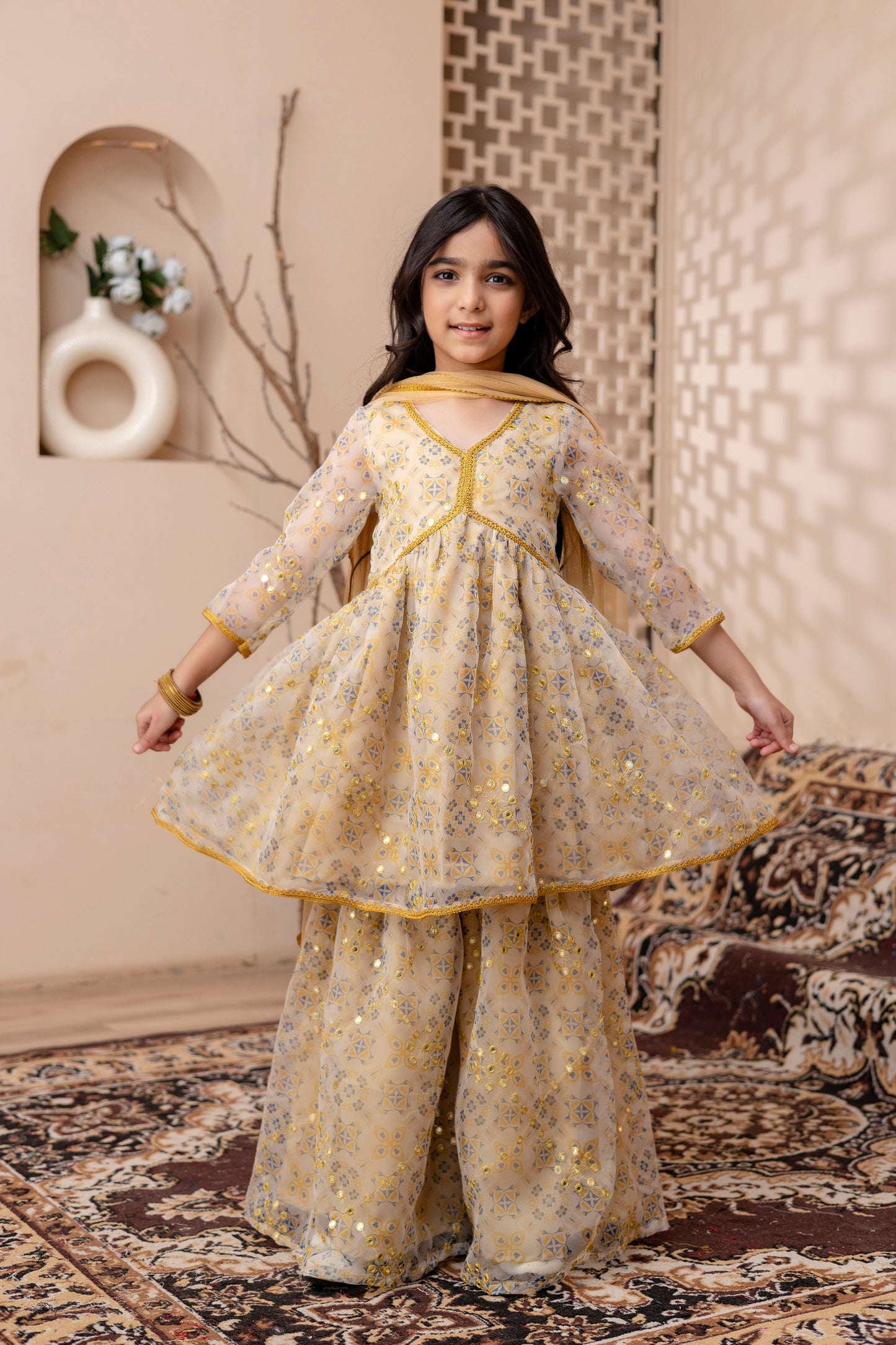 Girls Anarkali Kurta With Sharara and Dupatta