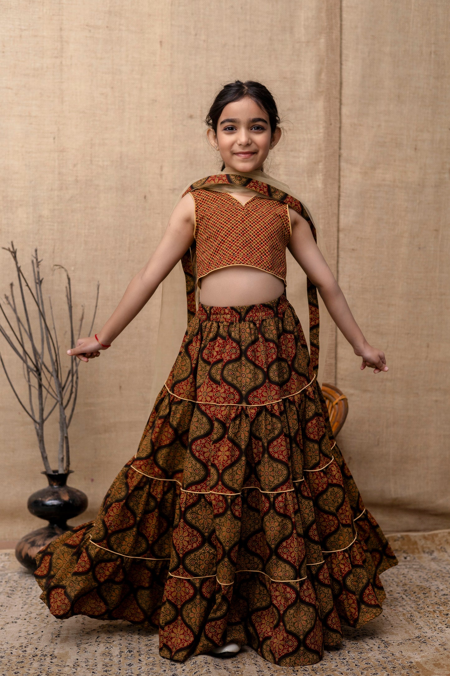 Baby Girls Printed Lehenga Choli Dupatta Set In Cotton