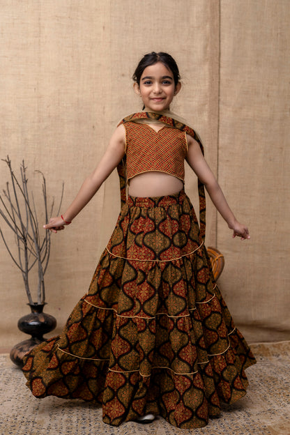Baby Girls Printed Lehenga Choli Dupatta Set In Cotton