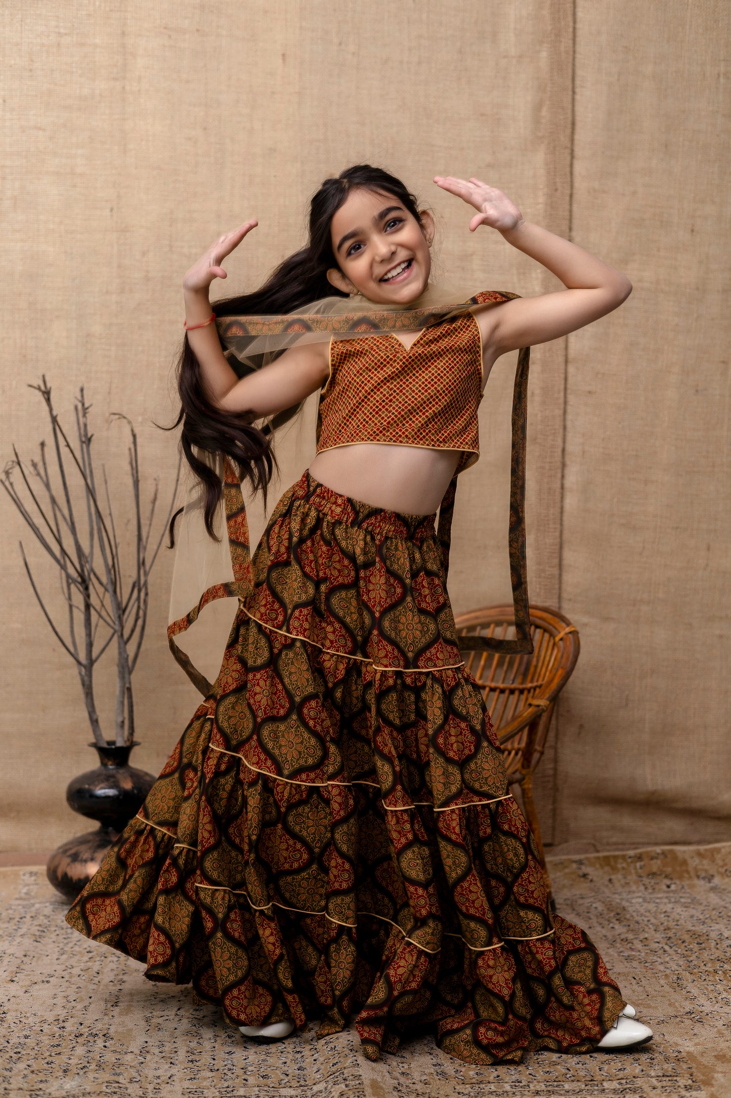 Baby Girls Printed Lehenga Choli Dupatta Set In Cotton