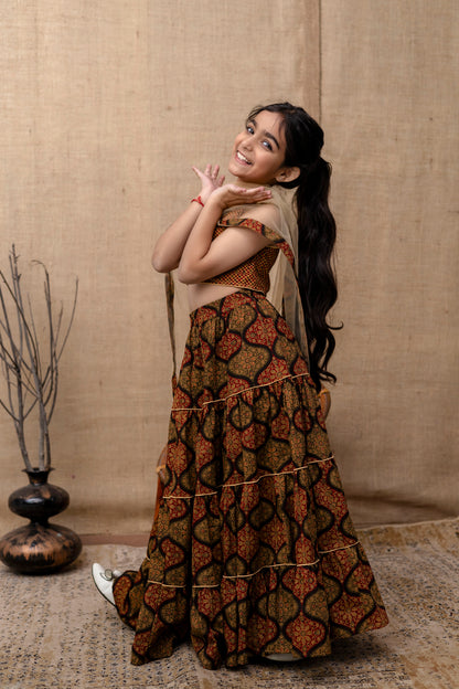 Baby Girls Printed Lehenga Choli Dupatta Set In Cotton
