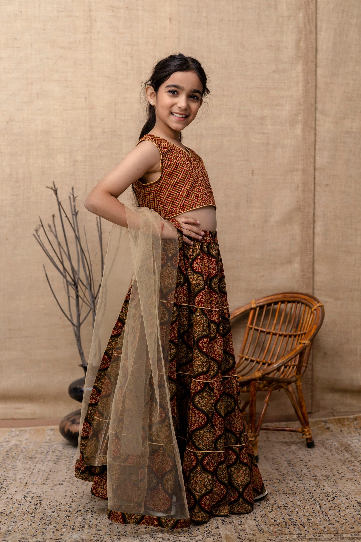 Baby Girls Printed Lehenga Choli Dupatta Set In Cotton
