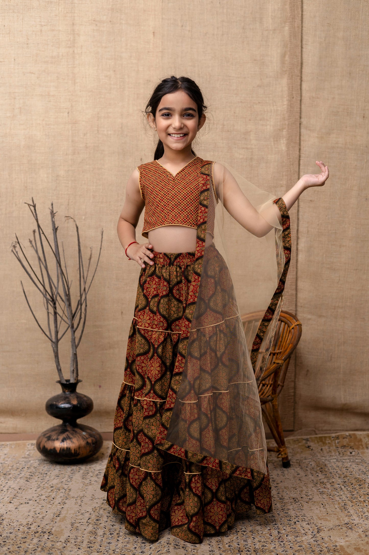 Baby Girls Printed Lehenga Choli Dupatta Set In Cotton