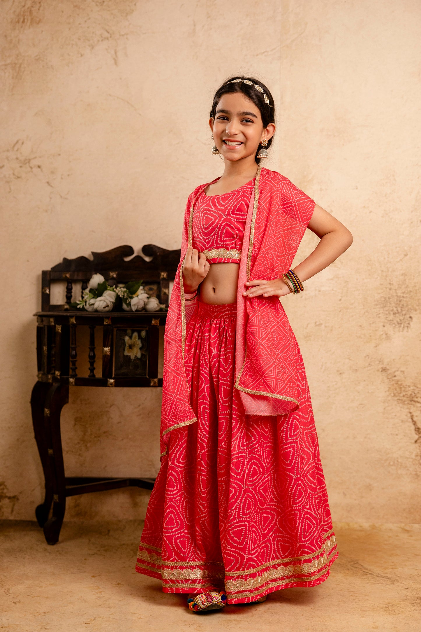 Baby Girls Bandhani Lehenga And Choli Set With Dupatta