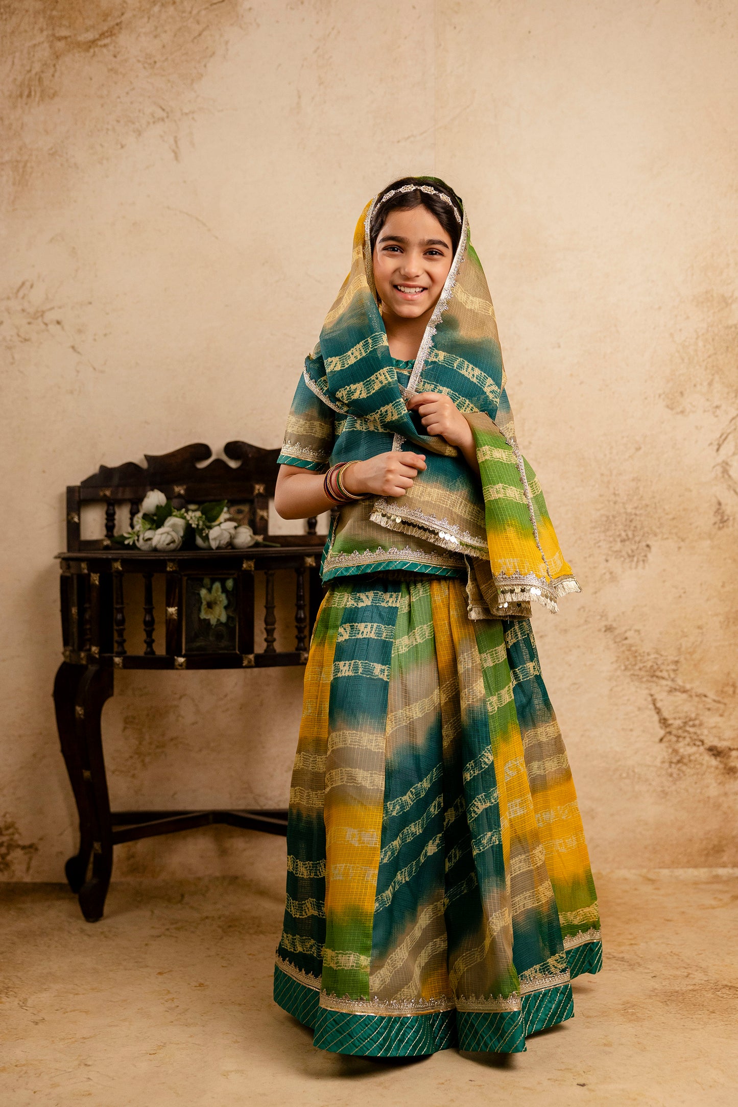 Girls Bandhani Lehenga And Choli Set With Dupatta