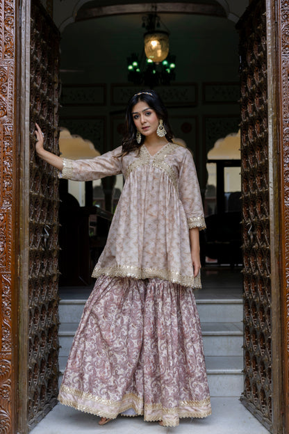 Embroidered Short Kurta, Sharara and Dupatta set