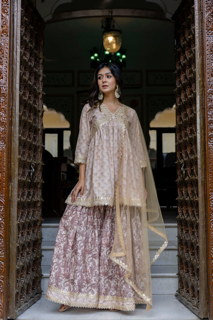 Embroidered Short Kurta, Sharara and Dupatta set
