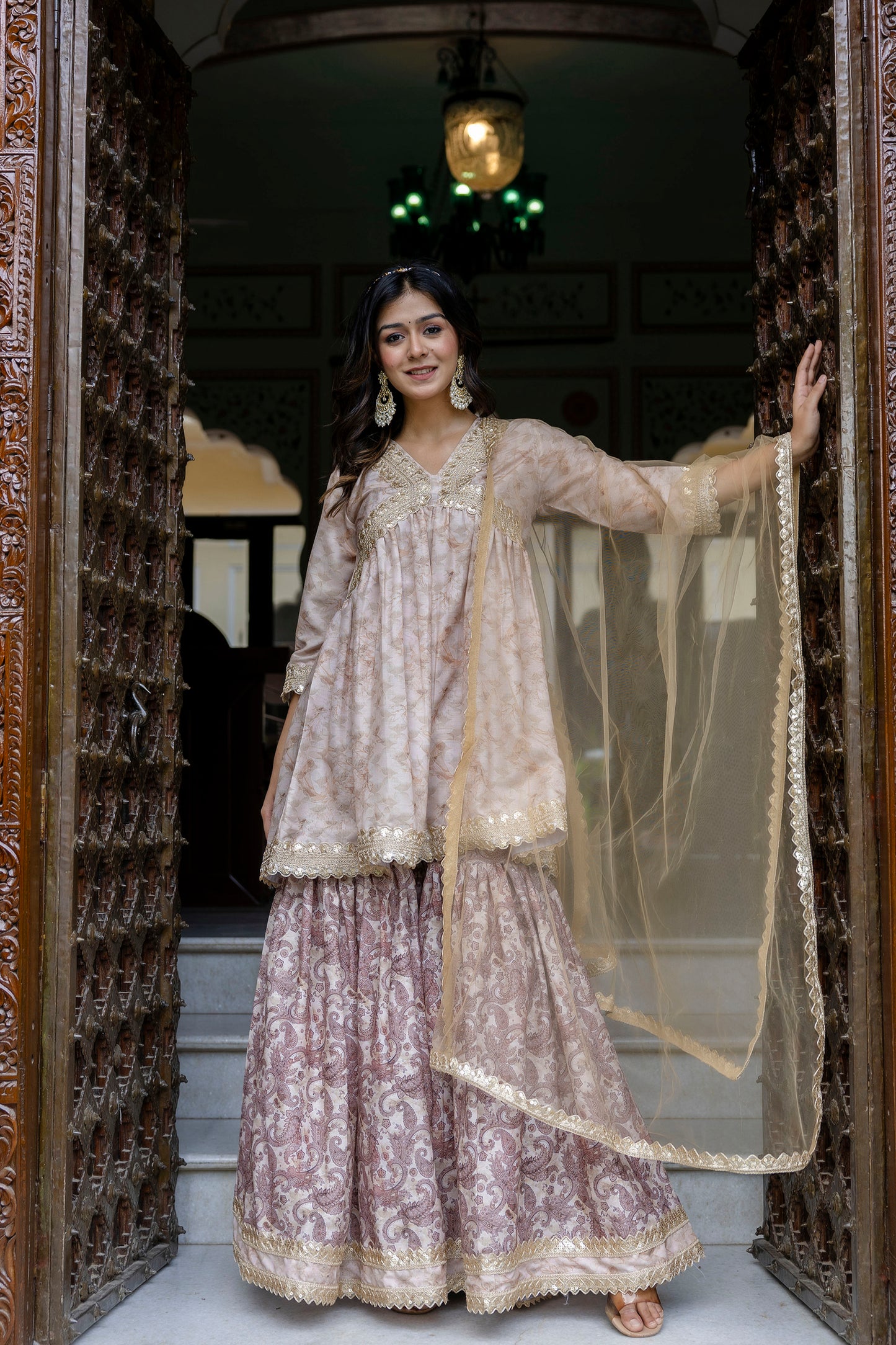 Embroidered Short Kurta, Sharara and Dupatta set