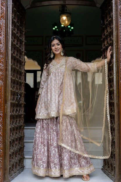 Embroidered Short Kurta, Sharara and Dupatta set