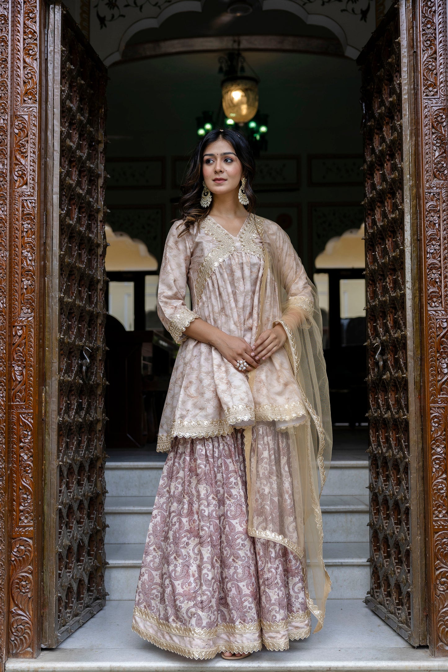 Embroidered Short Kurta, Sharara and Dupatta set