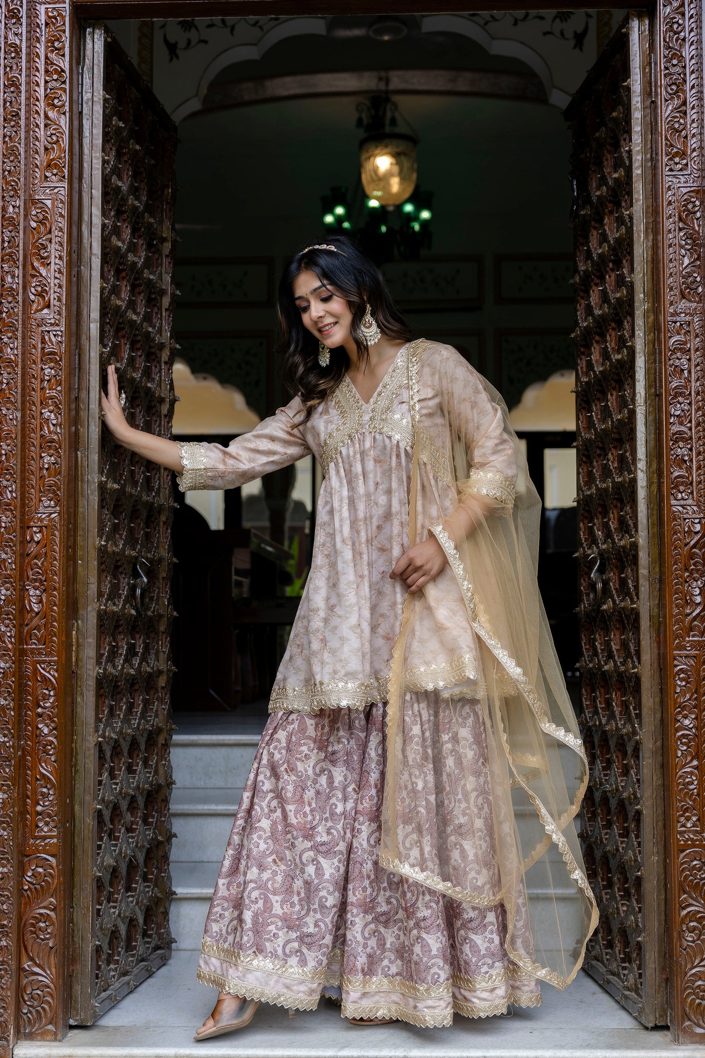 Embroidered Short Kurta, Sharara and Dupatta set