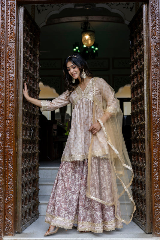 Embroidered Short Kurta, Sharara and Dupatta set