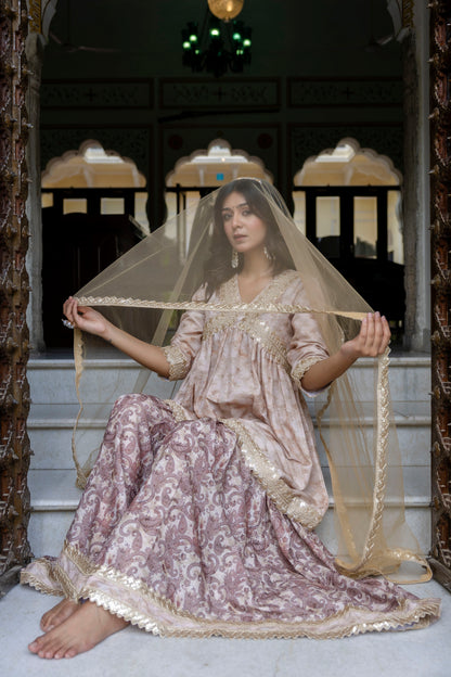 Embroidered Short Kurta, Sharara and Dupatta set