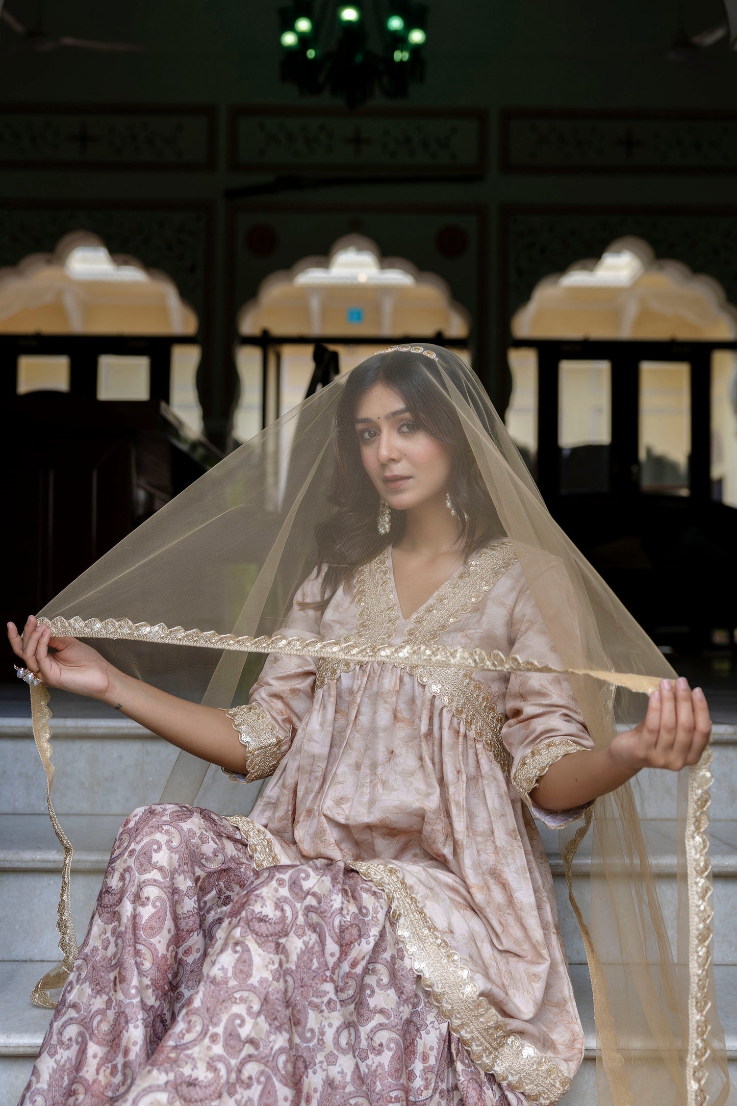 Embroidered Short Kurta, Sharara and Dupatta set