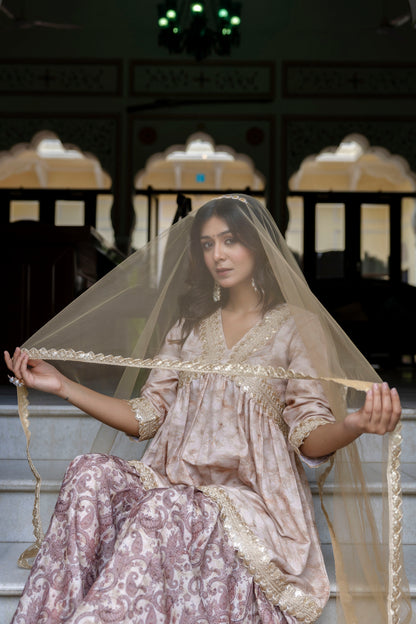 Embroidered Short Kurta, Sharara and Dupatta set