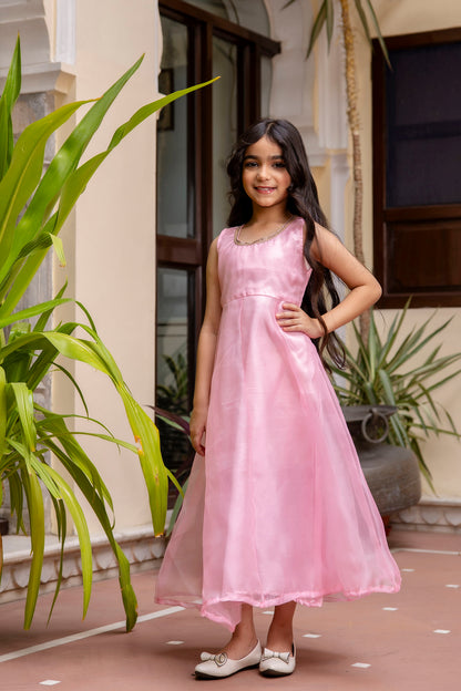 Girls Pink Anarkali Kurta With Sequence Work Shrug