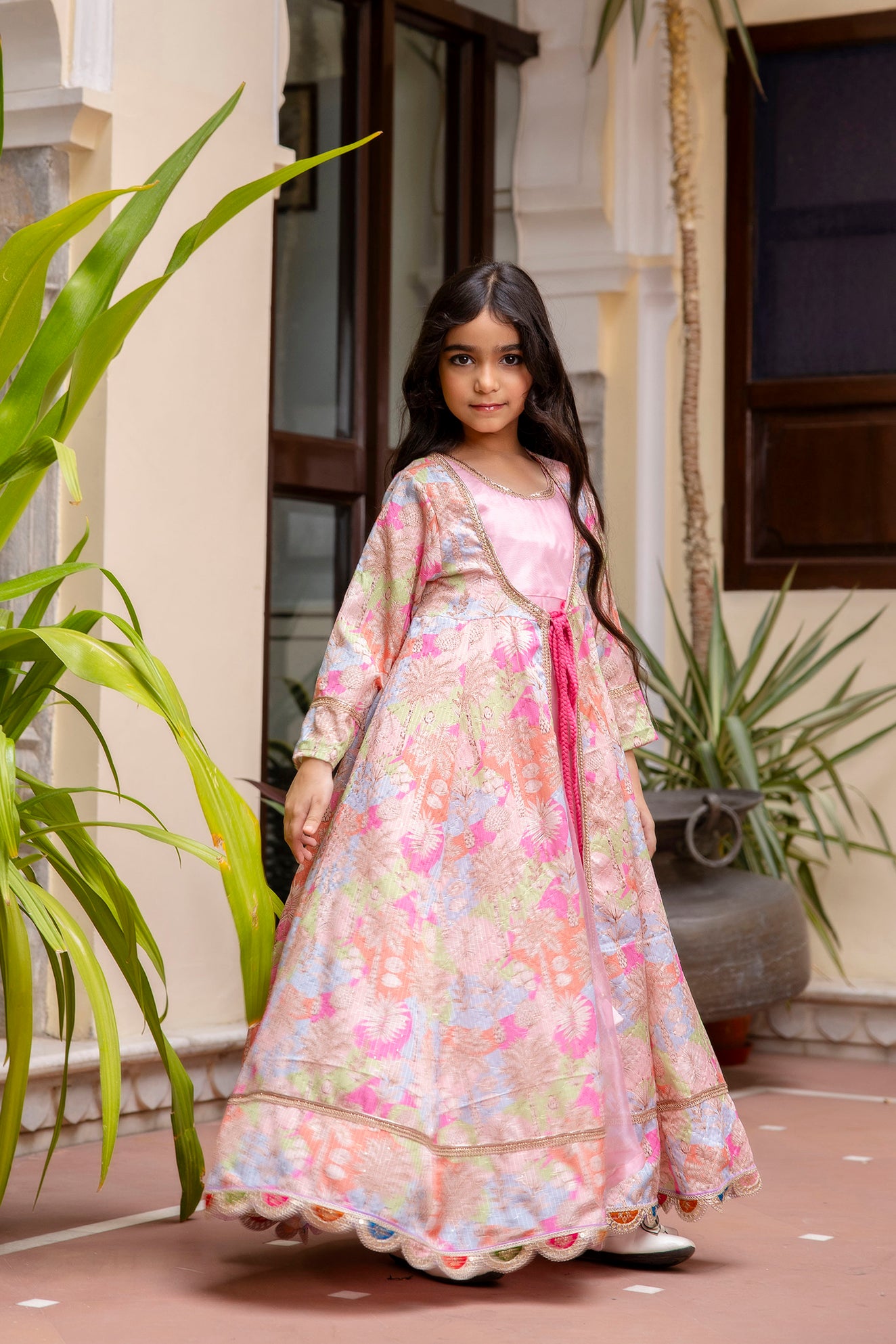 Girls Pink Anarkali Kurta With Sequence Work Shrug