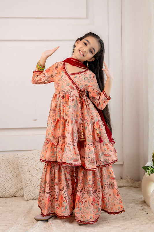 Girls' Festive Printed Angrakha Kurta & Sharara with Dupatta