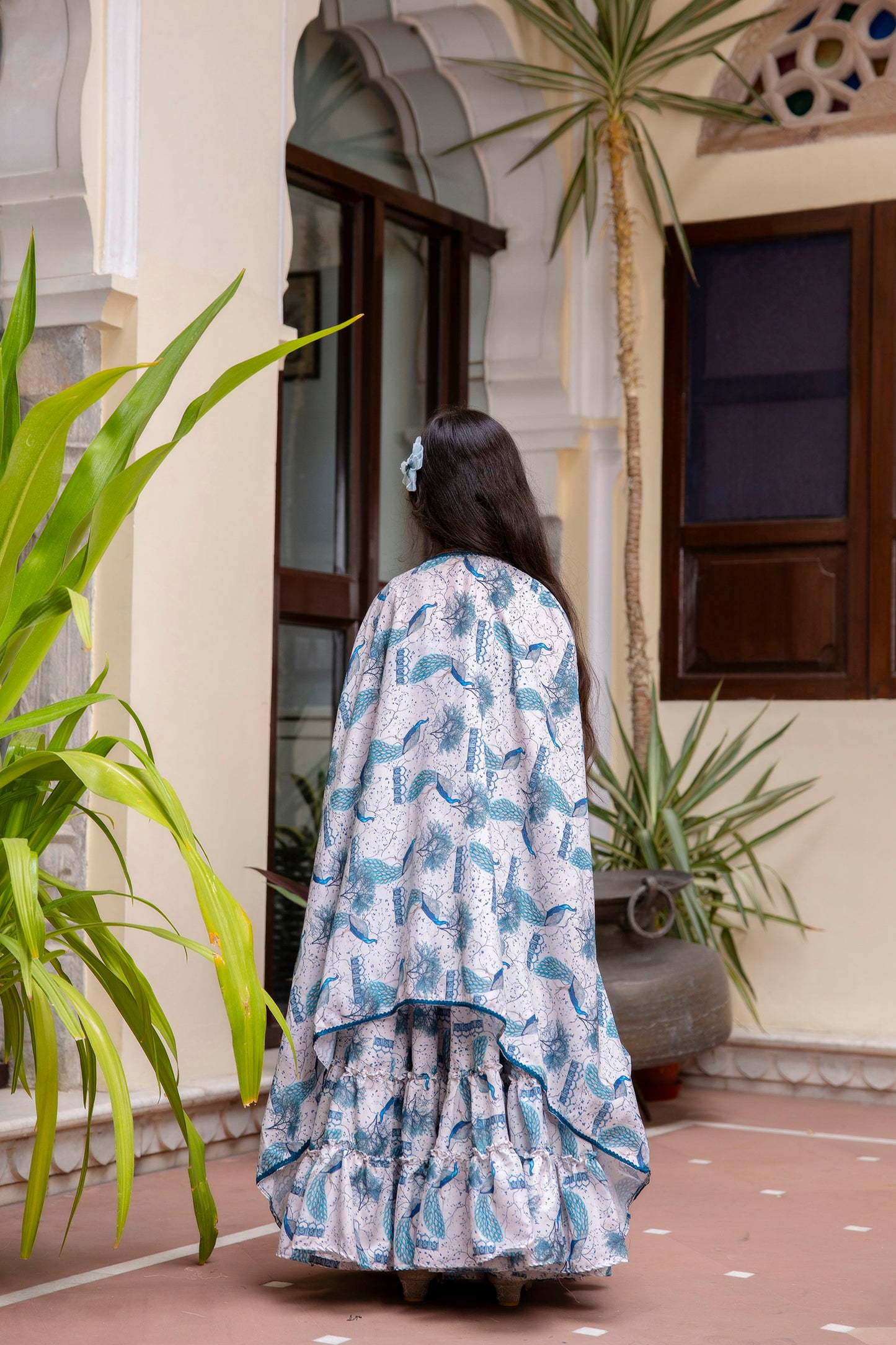 Girls' Peacock Print Top & Skirt with Stylish Shrug