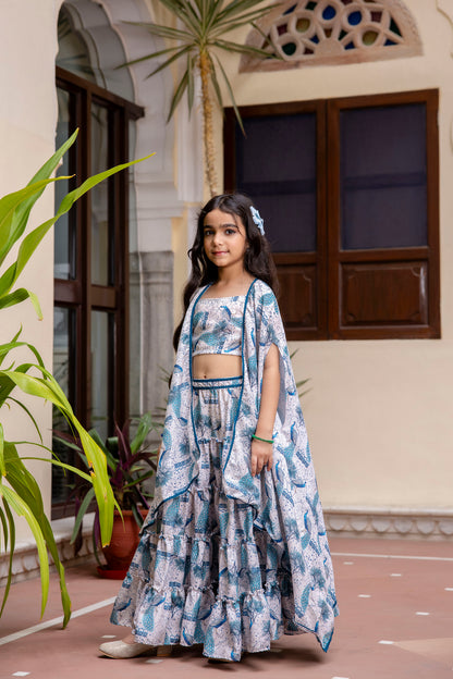 Girls' Peacock Print Top & Skirt with Stylish Shrug