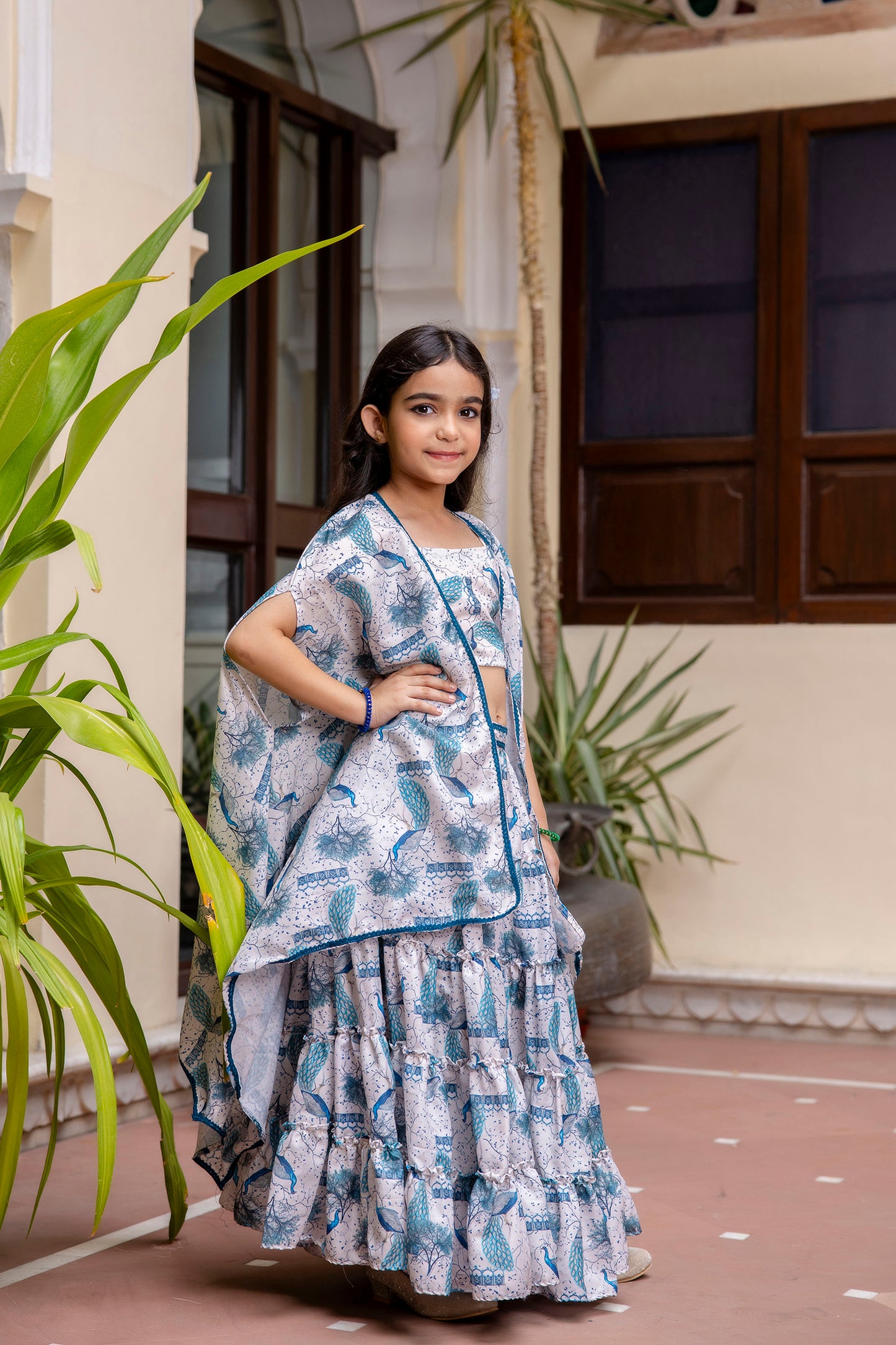 Girls' Peacock Print Top & Skirt with Stylish Shrug