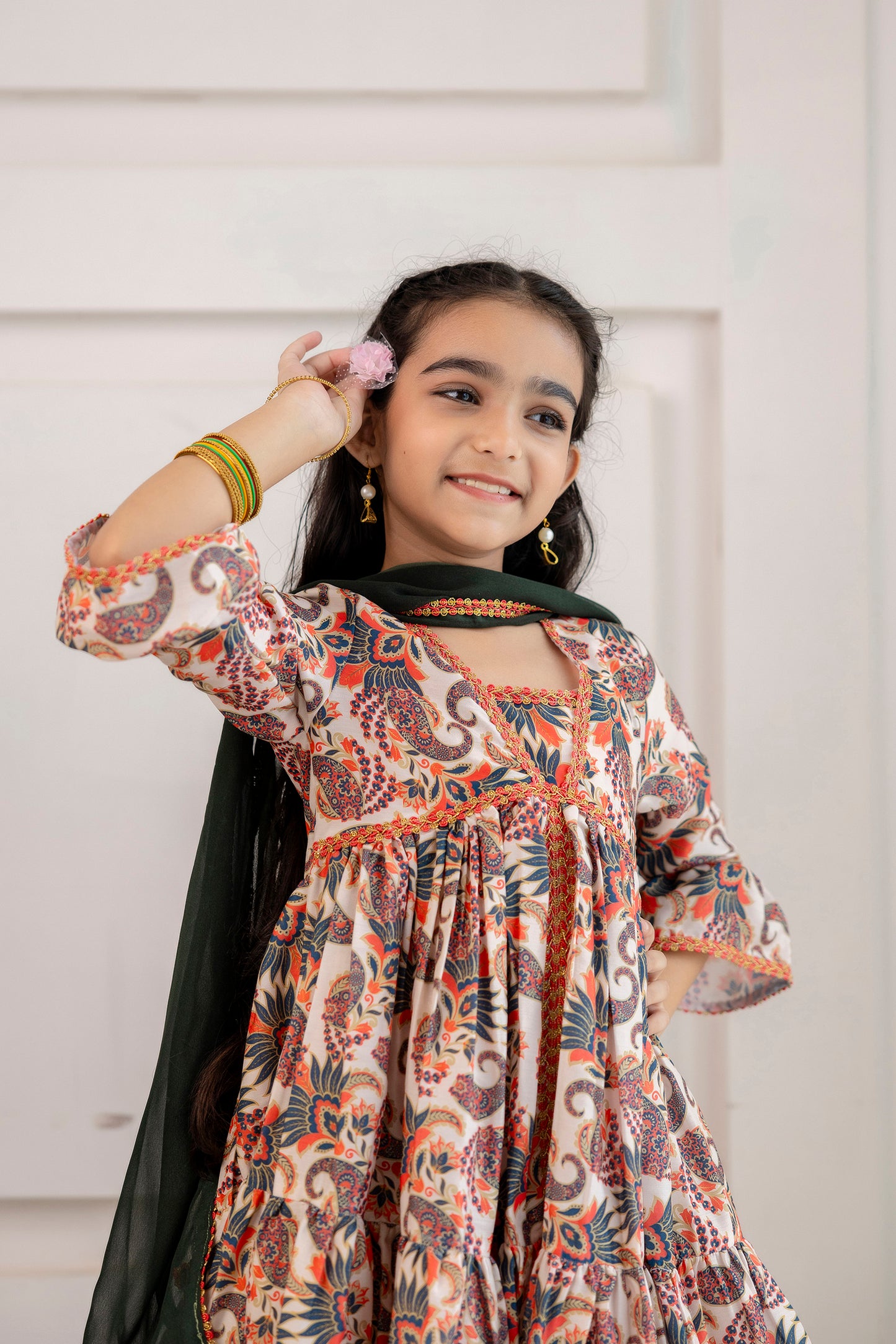 Girls Festive Printed Aliya-Cut Kurta & Sharara With Dupatta