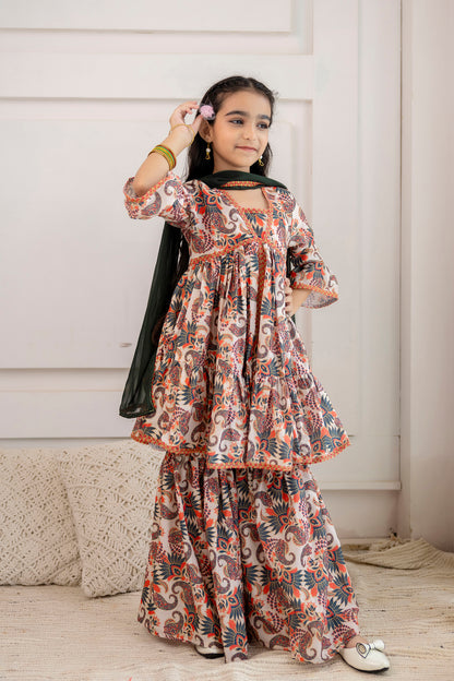 Girls Festive Printed Aliya-Cut Kurta & Sharara With Dupatta