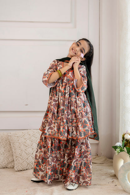 Girls Festive Printed Aliya-Cut Kurta & Sharara With Dupatta