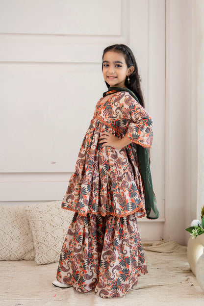 Girls Festive Printed Aliya-Cut Kurta & Sharara With Dupatta