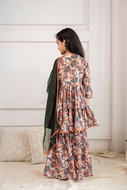 Girls Festive Printed Aliya-Cut Kurta & Sharara With Dupatta