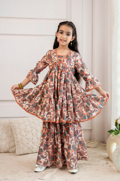 Girls Festive Printed Aliya-Cut Kurta & Sharara With Dupatta