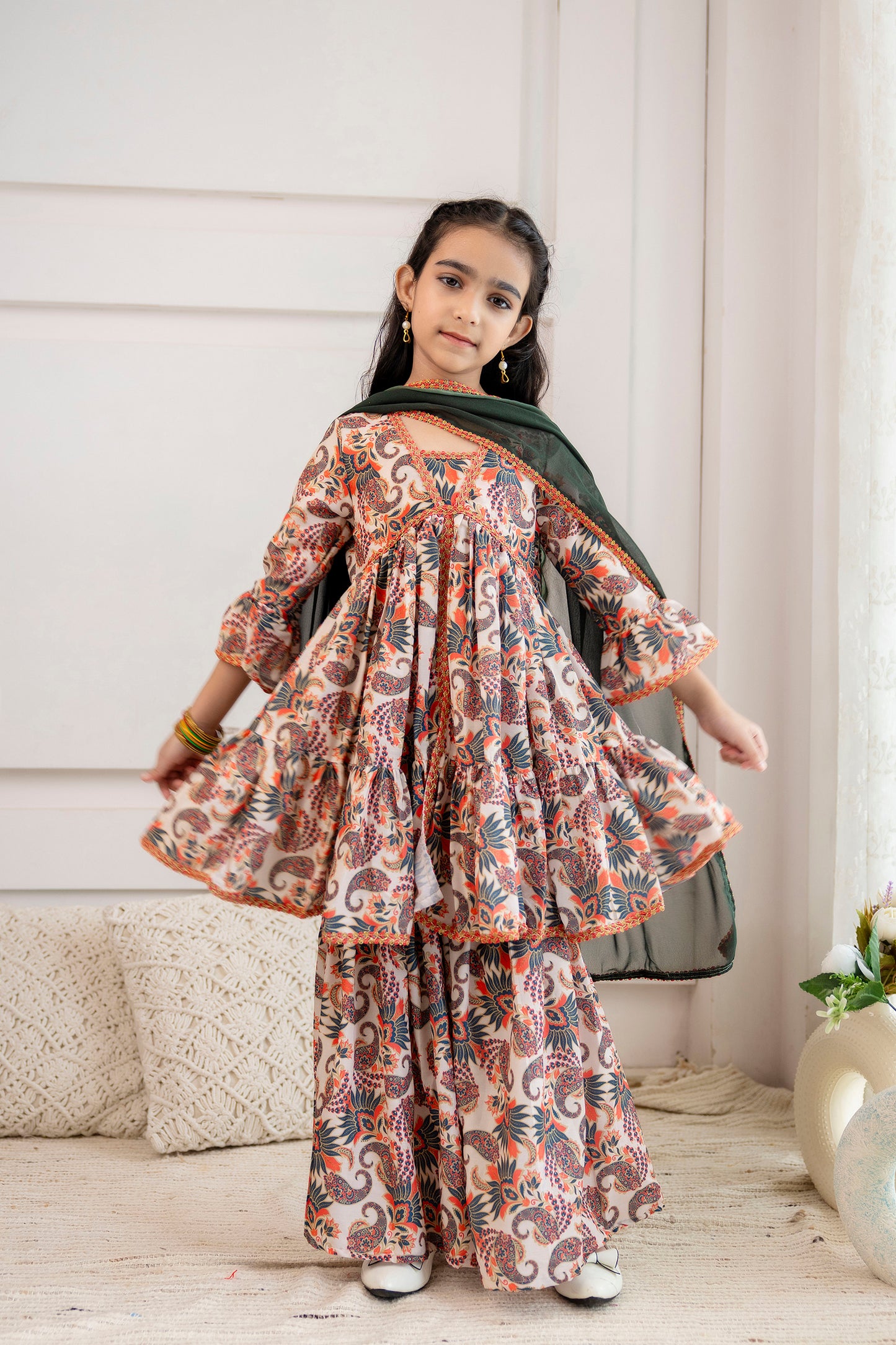 Girls Festive Printed Aliya-Cut Kurta & Sharara With Dupatta