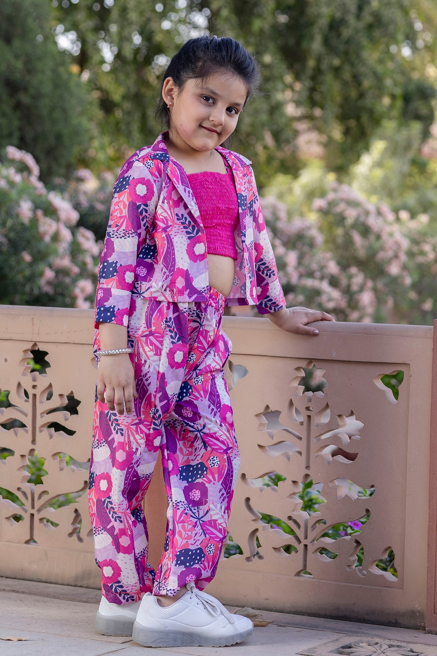 Cutie Diva Girl's Kids Printed Co-Ord Set With Jacket in Muslin
